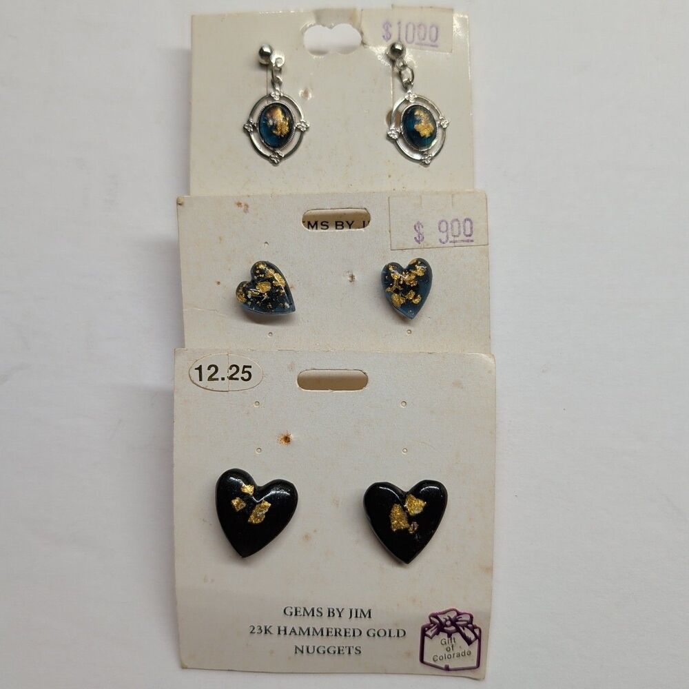 (3) Pair Pierced 23K Hammered Gold inside Dangle & Heart Earrings